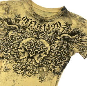 Affliction Shirt Womens Large Yellow Fedor vs Barnett Trilogy MMA Skull Cross - Picture 1 of 19