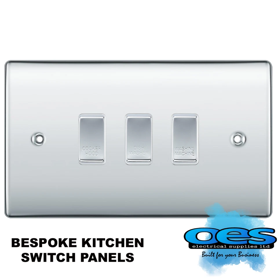 B.G. ELECTRICAL BG BESPOKE 3 GANG GRIDSWITCH KITCHEN SWITCH PANEL POLISHED SHINY CHROME LABELLED