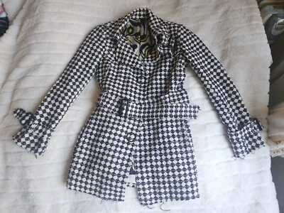 Gabardina Poleci estampado geométrico púrpura/crudo bordes crudos forro de seda talla 6 nueva sin etiquetas Foto 1 de 4