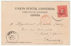 1902 SPAIN LAS PALMAS PPC >FRANCE RED LIVERPOOL CDS - ESPANA - FRANCIA MARITIME - Picture 1 of 2
