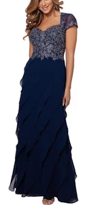 Xscape Womens Long Cap Sleeve Tiered Gown w/ Appliques Navy/Silver Size 12 - Picture 1 of 6