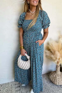 Jumpsuit blau Vintage Boho Blumen gesmokt kurz Puffärmel weites Bein - Bild 1 von 15