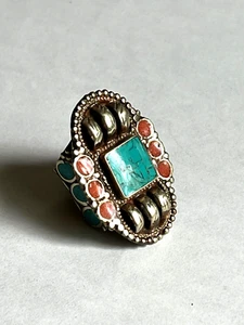 NEPALESE VINTAGE PRE OWNED CORAL TURQUOISE LAPIS RING R107 SIZE 9 - Picture 1 of 2