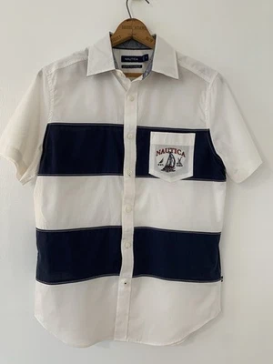 Nautica Button Up Short Sleeve Navy / White Stripes Boat Pocket Men’s S Shirt - Image 1 of 4