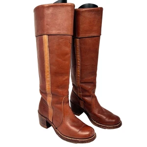 Vintage Frye Campus Stripe Cuff Leather Boots Sz 6 16” 8503 Classic 70s Festival - Picture 1 of 24