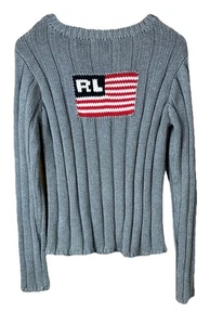 Ralph Lauren Polo Jeans (TG. M) maglione bandiera cotone maglia a costine grigio USA cotone - Foto 1 di 9