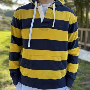 Felpa con cappuccio vintage Polo Ralph Lauren rugby grande blu gialla a righe preppy spessa pesante - Foto 1 di 23