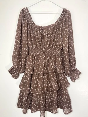 Rue 21 Women’s Large Juniors Off Shoulder Flowy Brown Floral Tiered Dress Lined - Image 1 of 4
