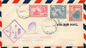 FIJI FIRST TRANS PACIFIC AIRMAIL KGVI Cover 1941 Reg Suva-NOUMEA-USA CENSORED - Picture 1 of 2