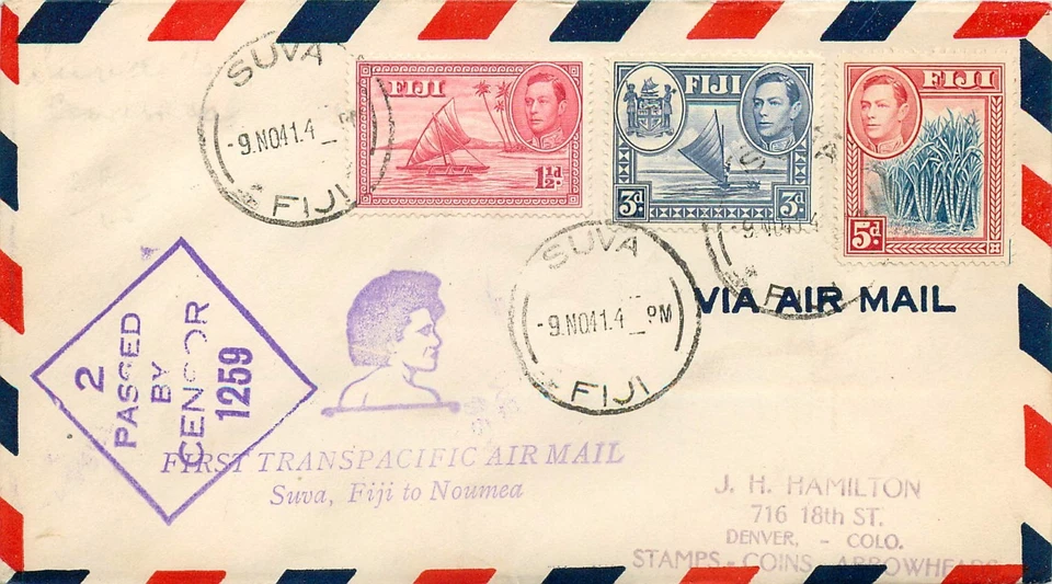 FIJI FIRST TRANS PACIFIC AIRMAIL KGVI Cover 1941 Reg Suva-NOUMEA-USA CENSORED - Image 1 of 2