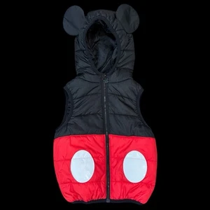 Disney Parks Mickey Mouse Black &Red Puffer Hooded Quilted Kids Vest XS NWOT 252 - Picture 1 of 8
