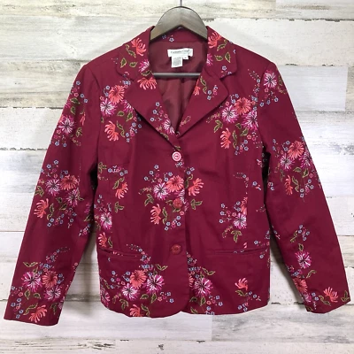 Coldwater Creek Womens Red Floral Embroidered Lined Button Up Blazer Jacket Sz M - Image 1 of 4