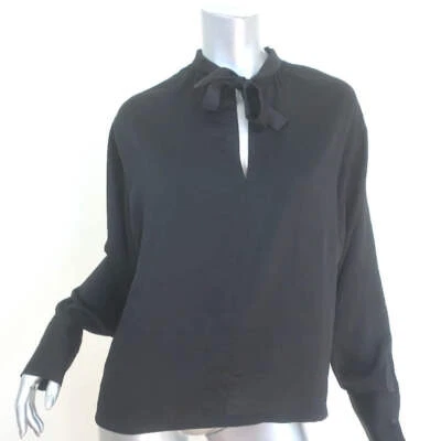 Maje Loiso Tie-Neck Blouse Black Satin Crepe Size 1 Long Sleeve Top - Image 1 of 4