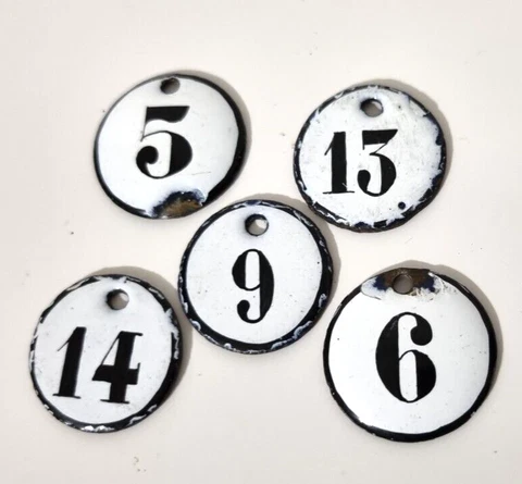 5 Vintage French Domed enamel number sign for box drawer furniture door Small Cover