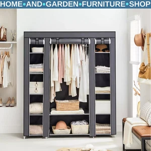 Open Wardrobe Canvas Cover Metal Clothes Hanging Rail Bedroom Storage Shelves - Picture 1 of 35