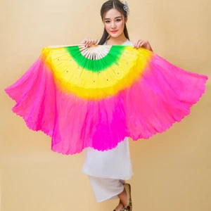 1X Satin Long Belly Dance Hand Fan Gradient Color Veils Handmade Folding Bamboo - Picture 1 of 20
