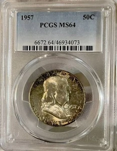 1957 Benjamin Franklin Half Dollar- NGC MS 64, Mottled Toning, Pq Eye Appeal - Picture 1 of 2