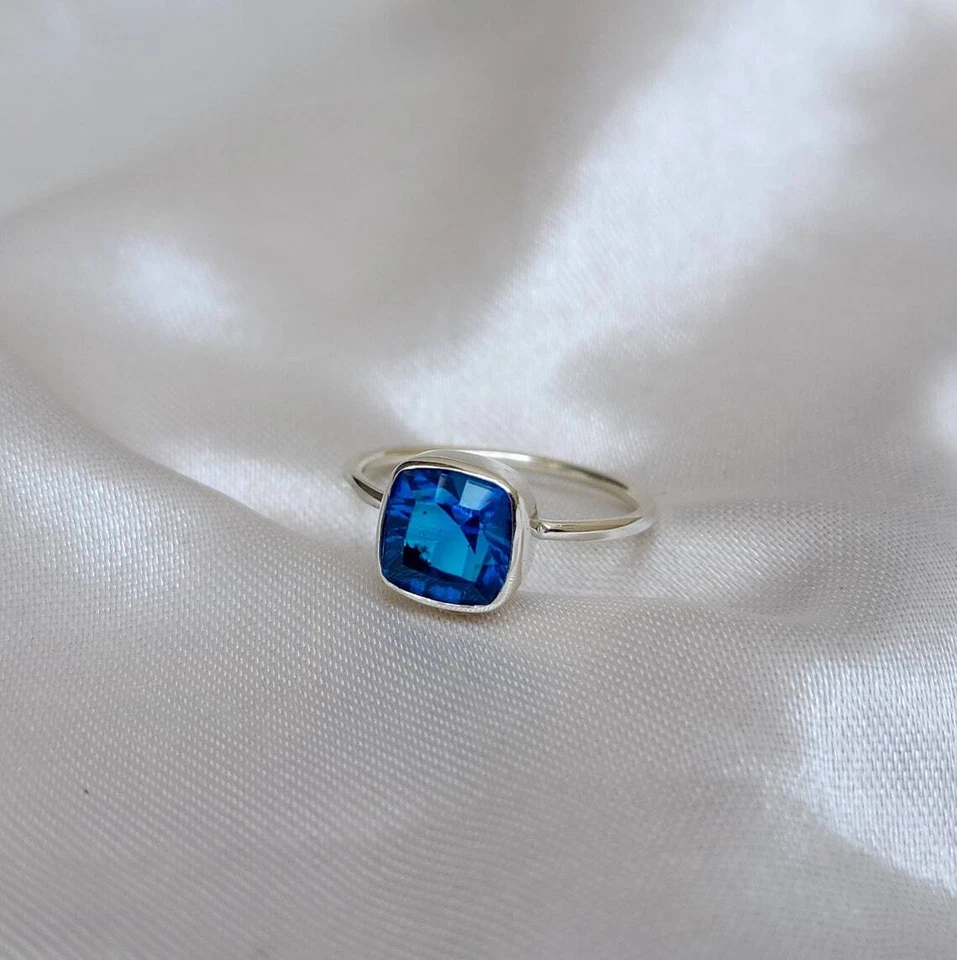 Cushion Cut Blue Spinel Gemstone 925  Sterling Silver Band Ring Jewelry - Image 1 of 1