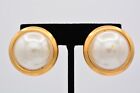 Vintage Clip Earrings Round Faux Pearl Brushed Gold Chunky Heavy 80s FLAW BinAY