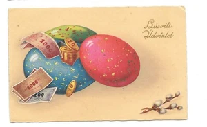 Vintage Postcard HAPPY EASTER Danish EASTER EGGS & MONEY coins - Picture 1 of 2