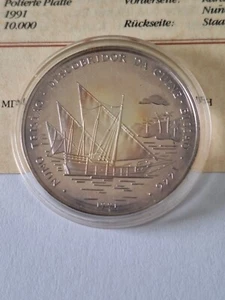 Guinea-Bissau 10000 Pesos 1991 Silbermünze Mit Zertifikat PP Selten Nuno Tristao - Bild 1 von 4