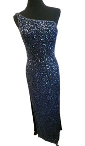 Scala Beaded Gown M Sequin Mesh One Shoulder Navy Blue Formal Dress Prom Glam - Picture 1 of 16