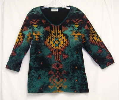 CACTUS BAY APPAREL Women's V-Neck 3/4 Slv Southwest Geometric Design Top Size L - Image 1 of 4