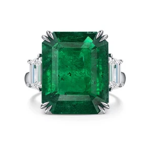 Anillo llamativo de oro blanco macizo de 18 quilates con esmeralda verde vivo y diamantes genuinos VS - Imagen 1 de 2