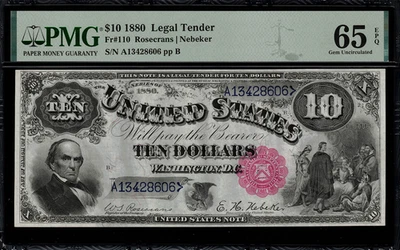 1880 $10 Licitación Legal FR-110 - "Jackass" - Calificado PMG 65 EPQ - Gema Sin Circular Foto 1 de 2