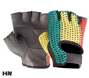 RASTA LEATHER GLOVES REGGAE MARLEY FUNKY MESH RETRO GYM CYCLING WEIGHT LIFTING - Picture 1 of 2