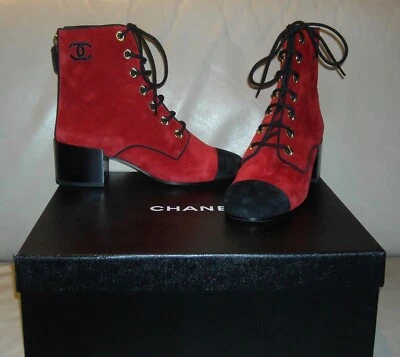 Botas curtas femininas Chanel autênticas camurça/pele de bezerro tamanho 36,5 cor vermelho/preto novas com etiquetas - Imagem 1 de 4