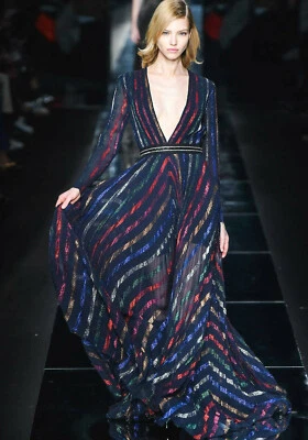 BLUMARINE Metallic Stripe Plunging Embellished Pleated Dress Gown 42 4  6 - Image 1 of 4