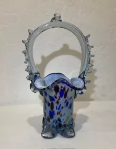 Vintage Czech Bohemian Blue Spatter Hand Blown Ruffle Top Basket 7-1/2" Tall - Picture 1 of 7