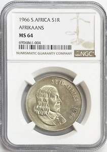 1966 SILVER SOUTH AFRICA 1 RAND JAN VAN REIBEECK AFRIKAANS LEGEND NGC MS 64 - Picture 1 of 2