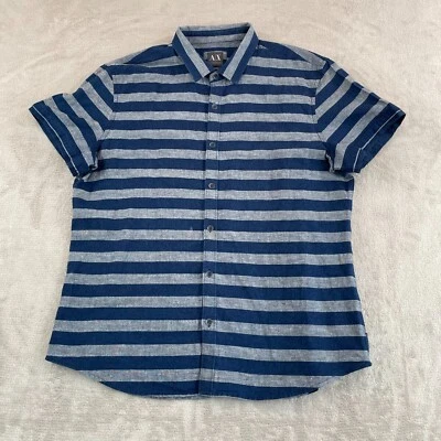Armani Exchange AX Shirt Men Grey Blue Striped Linen Blend Fitted Designer NWOT - Image 1 of 4