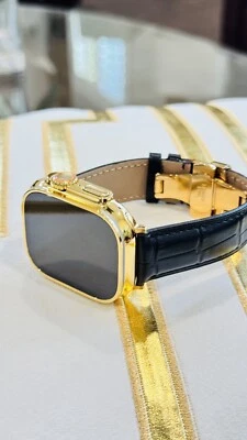 24k Gold Plated Apple Watch ULTRA 2 49mm Black Leather Band Polished CUSTOM - Image 1 of 4