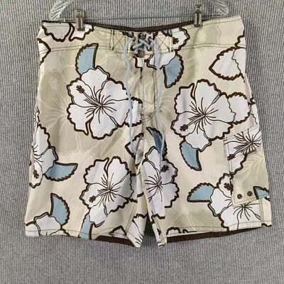 Mossimo Swim Board Shorts Mens 38 Beige Brown Floral Hook Loop Fly No Lining - Image 1 of 4