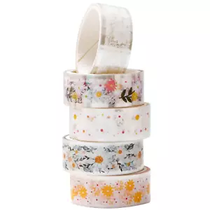 5 Rolls Floral Washi Tape Set PET Decorative Flowers Patterns Transparent Maskin - Picture 1 of 9