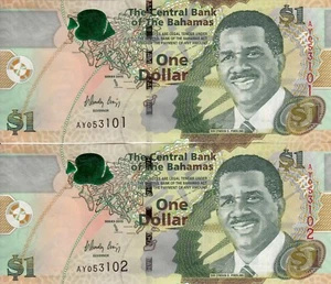 2 Banknoten BANKNOTE Zahlenfolge BAHAMAS 1 $ 2015 NEU NEW UNC - Bild 1 von 1