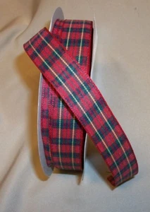 5 Yds. RED & GREEN TARTAN PLAID FABRIC RIBBON  7/8" wide - Picture 1 of 1