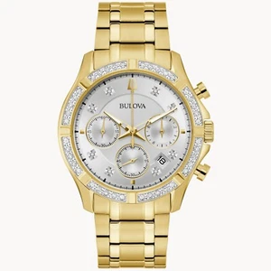 Bulova Classic Diamonds Chronograph Quartz Gold Tone Steel Men's Watch 98E113 - Picture 1 of 16