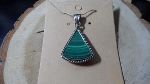 Pretty Sterling Silver Triangle Shaped Malachite Pendant w/ Twisted Rope Border - Picture 1 of 4