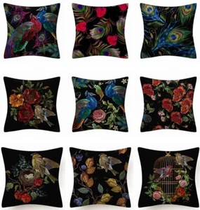 PILLOW COVER Bird Flower Decorative Double Sided Soft Black Cushion Case 18x18" - Picture 1 of 12