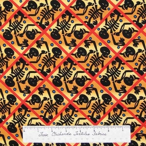 Halloween Fabric -  Skeleton Cross Bones Orange Yellow Black - Free Spirit YARD - Picture 1 of 2