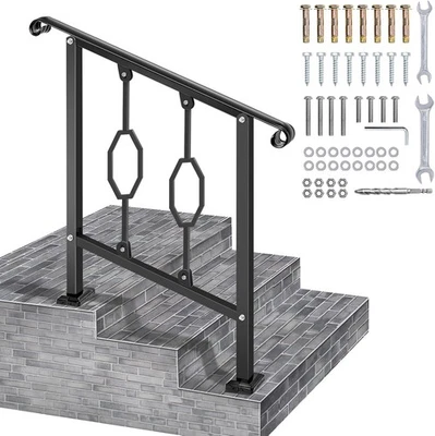 Black Wrought Iron Handrail for 2-3 Outdoor Steps - Fits Concrete or Wood Stairs - Image 1 of 4