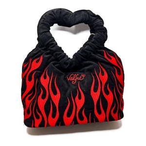 Valfre Black Fire Flame Embroider Corduroy Crossbody Bag Heart Purse NWT - Picture 1 of 2