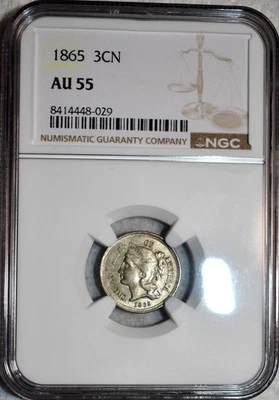 NGC AU-55 1865 Nickel Three Cent Piece, Very Lustrous & Lightly Circulated. - Image 1 of 2