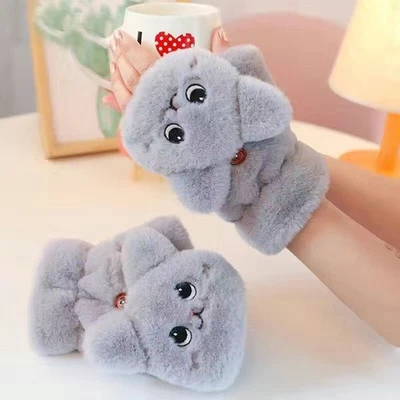 Womens Girls Winter Fur Rabbit Mittens Fingerless Gloves Soft Plush Warm Gloves - Image 1 of 4