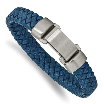 Stainless Steel Brushed Blue Leather Bracelet 8.25" for Men's 18.69gm - Image 1 of 4