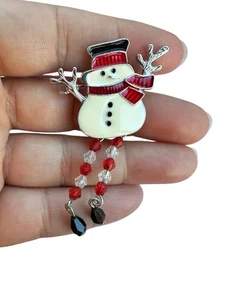 VTG Christmas Enamel Frosty Snowman Brooch Plastic Beaded Dangle Legs 2.25” Cute - Picture 1 of 6